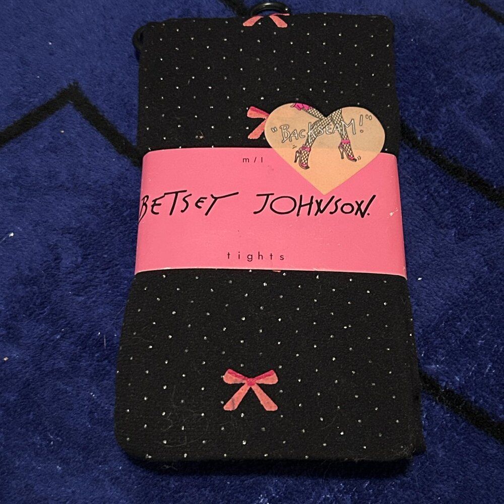 Betsey Johnson Backseam Tights Black Polka Dots & Pink Bows NWT Pinup Burlesque